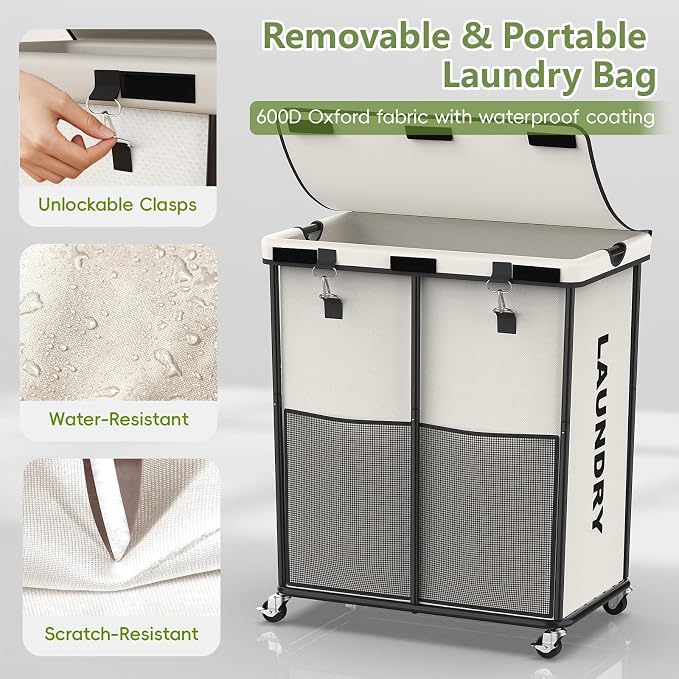 Laundry Hamper with Wheels and Lid, 225L Heavy Duty Rolling Laundry Basket - Image 6