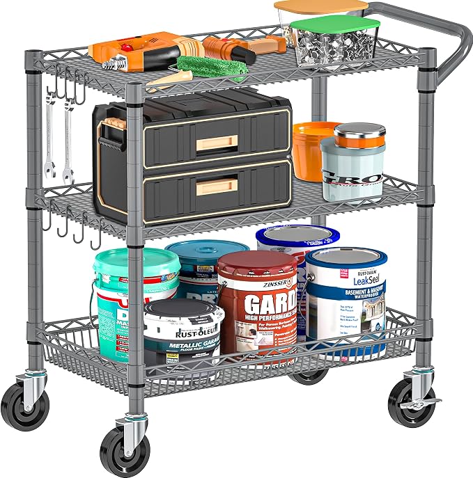 Rolling Cart with Wheels, Heavy Duty 3 Tier Metal Utility Cart 990lbs Capacity - Image 7