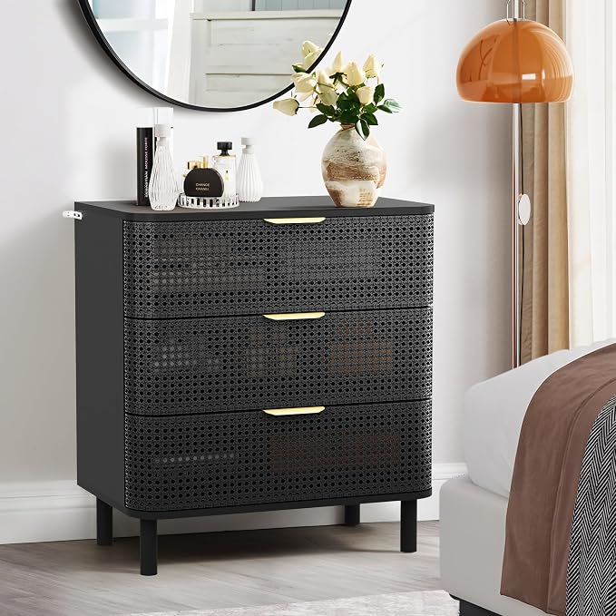 ORRD 3 Drawer Dresser Set of 2, Modern Iron Rattan Cabinet Dresser - Image 7