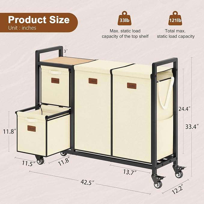 Hoctieon 4 Section Laundry Cart, 48 Gal. Laundry Hamper - Image 8