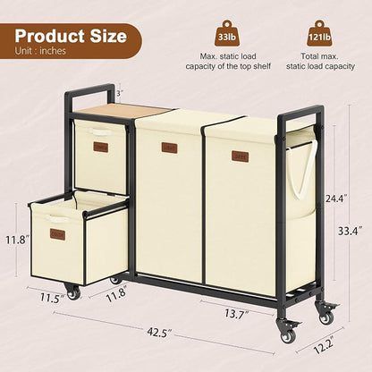 Hoctieon 4 Section Laundry Cart, 48 Gal. Laundry Hamper - Image 8