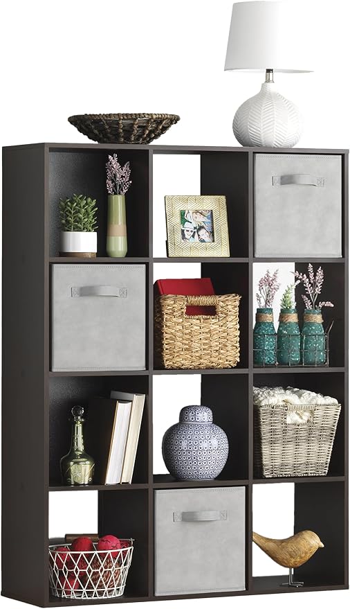 Whitmor 12 Cube Storage Organizer, 4 Tier Stackable Mdf Wood Bookcase, Open by Whitmor