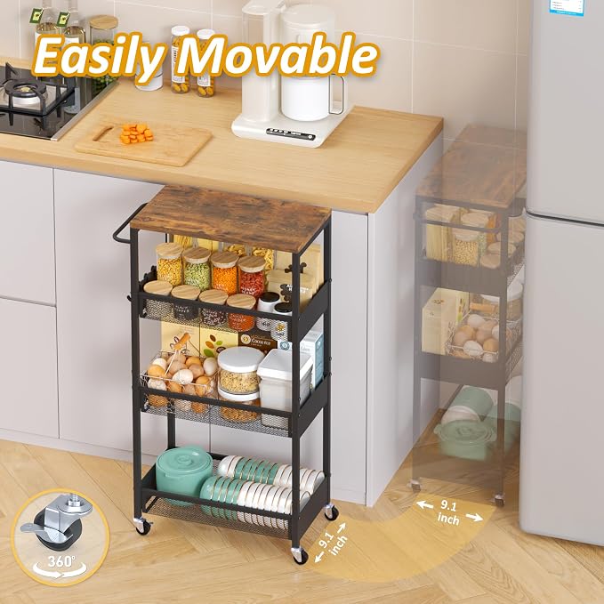 Vincona 9.1" Wide Slim Rolling Utility Cart, 4 Tier Metal Narrow Storage Cart - Image 3