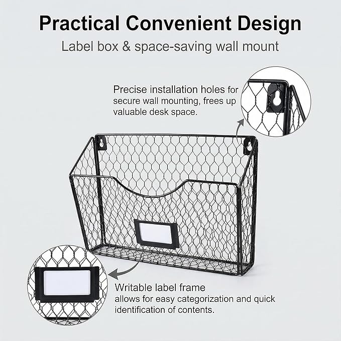 3 Pockets Hanging File Holder Wall Mount Mail Organizer Metal Chicken Wire - Image 4