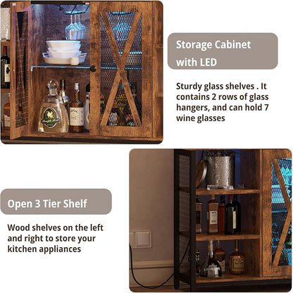 IRONCK Coffee Bar Cabinet with Power Outlet, Industrial Buffet Cabinet with LED - Image 8