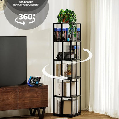 BAMEOS Solid Wood Rotating Bookshelf Tower 5 Tier，360°Storage Spinning Bookcase - Image 4
