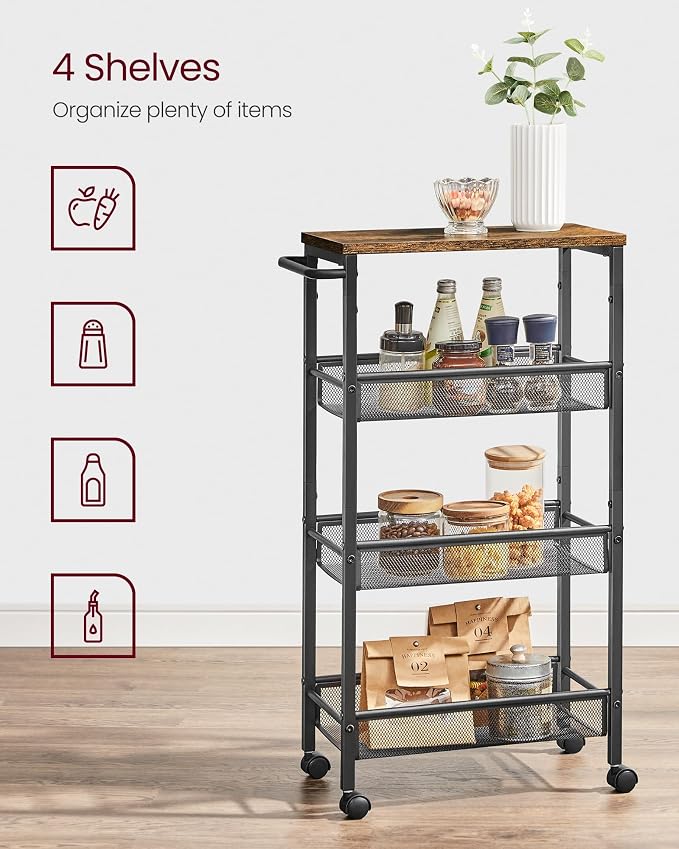 VASAGLE Slim Rolling Cart, 4-Tier Storage Cart, Narrow Cart - Image 3