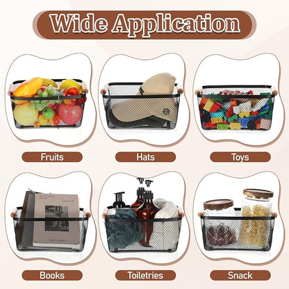 6 Pcs Metal Wire Basket with Wooden Handles | Mesh Steel Storage Organizer Bin - Image 5