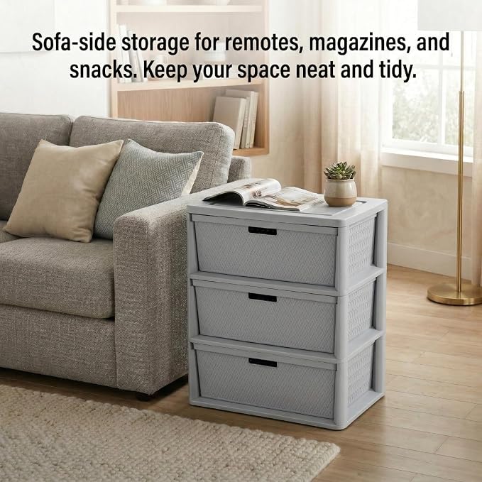 3 Drawer Wide Weave Storage Tower, Modern Style Decorative Freestanding Storage - Image 8