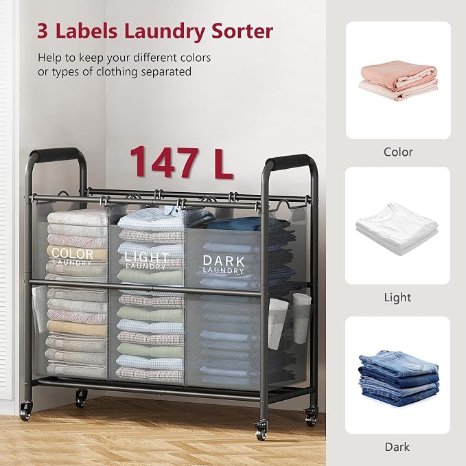 Tajsoon 3 Bag Laundry Sorter Cart, Laundry Hamper Sorter Basket - Image 3