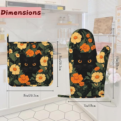 Black Cat Flowers Heat-Resistant Silicone Oven Mitts and Pot Holder 4 Piece Set - Image 2