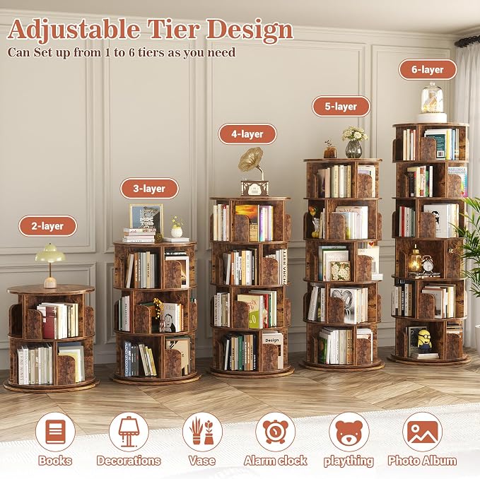 Aheaplus 6 Tier Rotating Bookshelf, Wood Spinning Bookshelf Tower, Round - Image 6