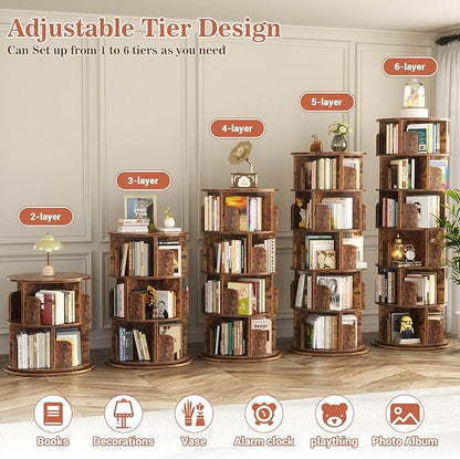 Aheaplus 6 Tier Rotating Bookshelf, Wood Spinning Bookshelf Tower, Round - Image 6