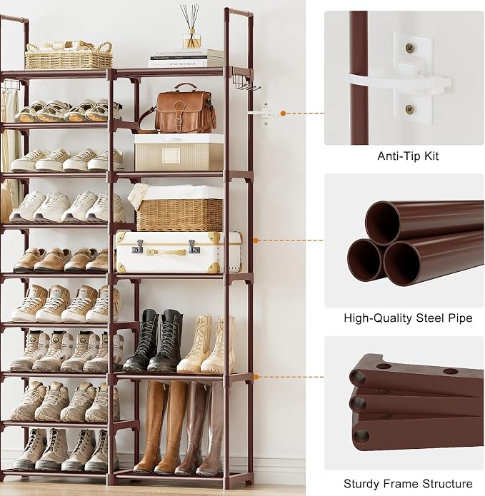 WOWLIVE 9 Tier 2-Column Shoe Rack, 30-35 Pairs Stackable Brown | Compact - Image 7