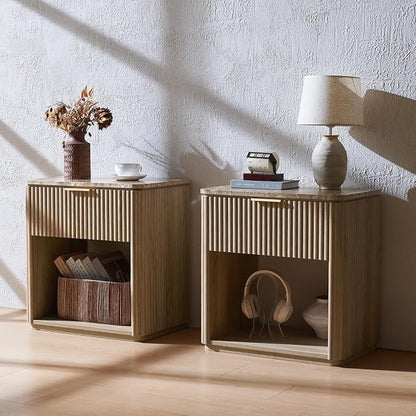 Fluted Nightstand with Drawer, Bedside Table with Faux Marble-Top, Engineered - Image 8