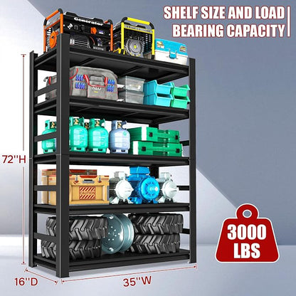 72" H Garage Shelves 5-Tier Heavy Duty Steel Rack 3000 lb Black | Storage - Image 2