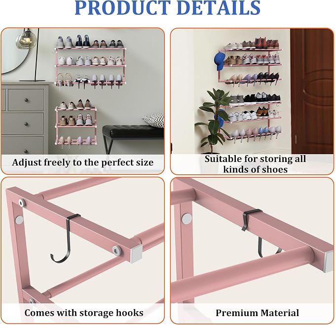 Wall Mounted Shoe Rack, 3 Tier Hanging Shoe Rack Holds 12 Pairs, Space Saving - Image 7