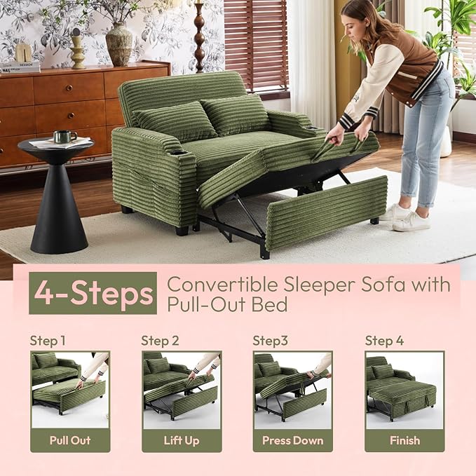 VINGLI Green Futon Sofa Bed Convertible Loveseat Sleeper Sofa Couch, Corduroy - Image 5
