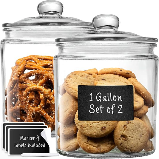 1 Gallon Glass Cookie Jars + Labels & Marker by LERAZE