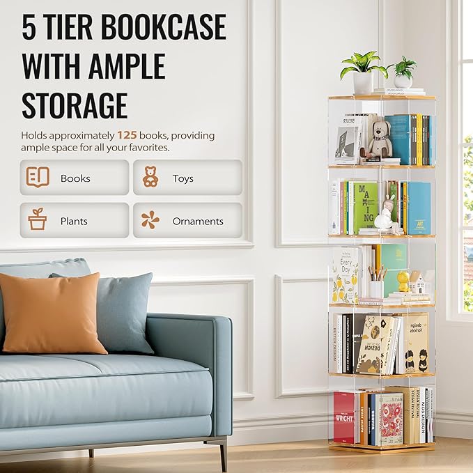TAKEKIT 5-Tier Rotating Bookshelf, 360° Spinning Book Shelf Tower - Image 5