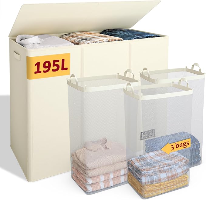 195L Laundry Hamper 3 Section, Large Laundry Hamper by Vincona