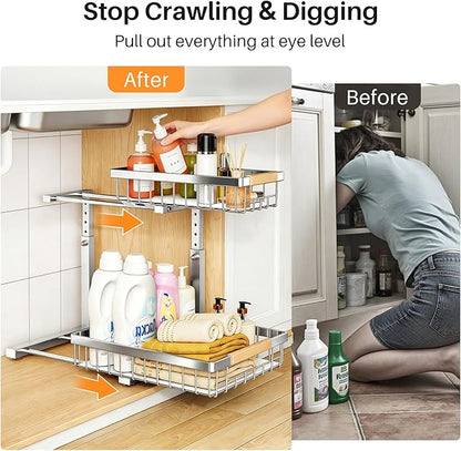 PXRACK Under Sink Organizer, Adjustable Height, 2 Tier Pull Out Cabinet - Image 4
