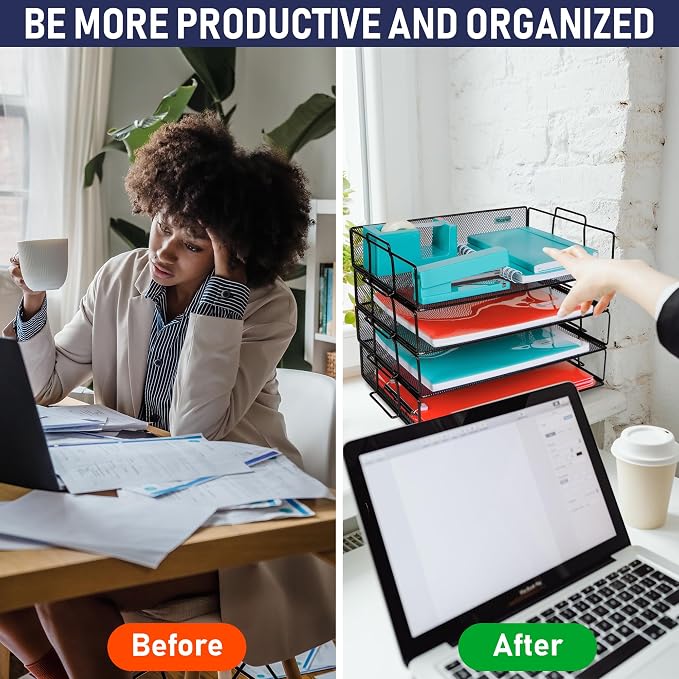 Stackable Paper Tray Desk Organizer, 4-Tier Metal Mesh Letter Organizers - Image 5