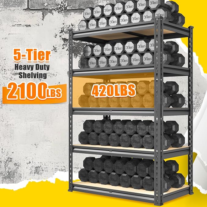 72.12" H Garage Shelving, Storage Shelves Load 2100LBS, 5-Tier Adjustable - Image 4