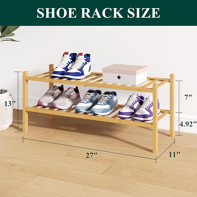 Smiry Bamboo Shoe Rack for Closet, 2 Tier Wooden Stackable Shoe Organizer - Image 2