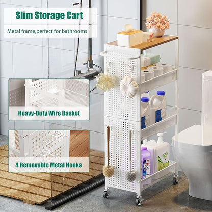 4-Tier Slim Storage Cart with Wheels, Small Mobile Organizer Shelf with Wooden - Image 6