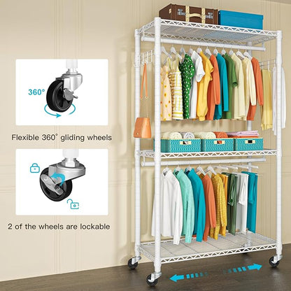 FUTASSI P1 Heavy Duty Garment Rack, 3 Tiers Adjustable Rolling Metal Closet - Image 5