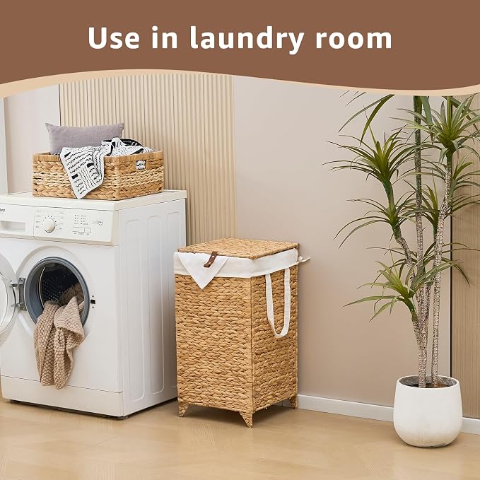 Laundry Hamper with Lid and Removable Liner Bag, Handwoven Natural Hyacinth - Image 6