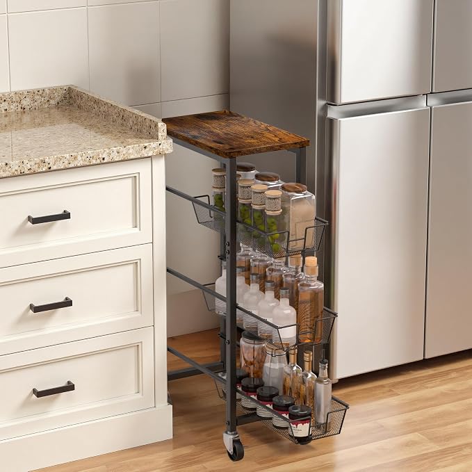 Slim Rolling Cart, 4-Tier Storage Cart, 9.1inch Narrow Kitchen Rolling Cart on by HONESTOUTFITTERS