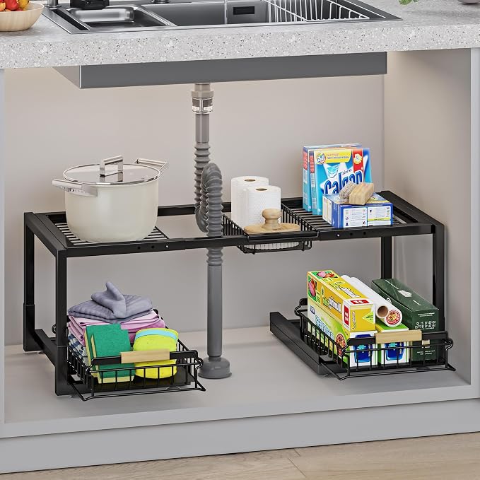 Under Sink Organizer, Pull Out Storage Organizer, 2 Tier Sliding Sink Organizer by INGIORDAR