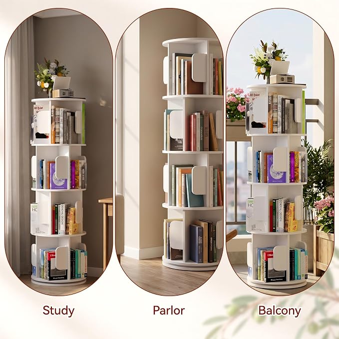 4-Tier 360° Rotating Bookshelf, Round Floor Standing Bookcase - Image 6