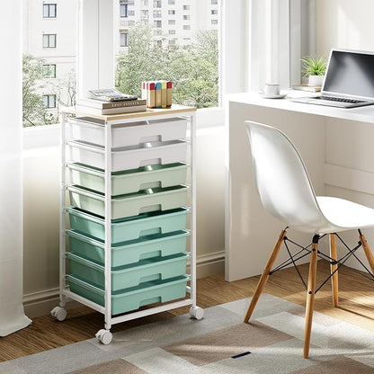 Storage Cart with 8 Drawers, Utility Cart with White Drawers and Wooden Tabletop - Image 7