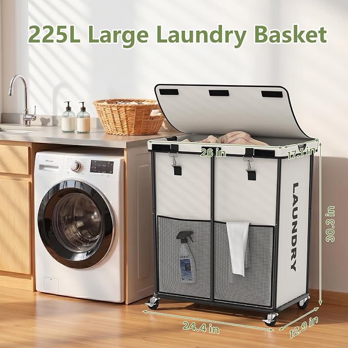 Laundry Hamper with Wheels and Lid, 225L Heavy Duty Rolling Laundry Basket - Image 2