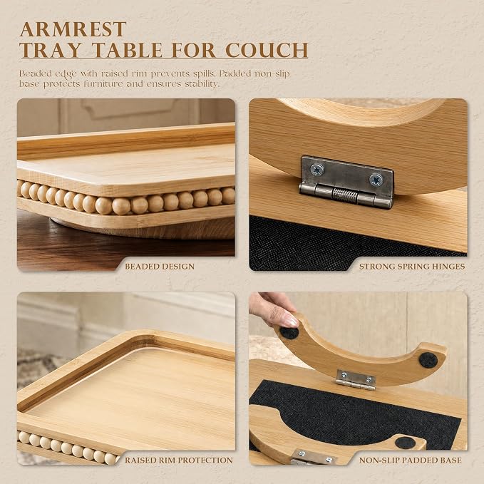 Bamboo Wood Sofa Arm Tray with Beaded Edge - Image 7