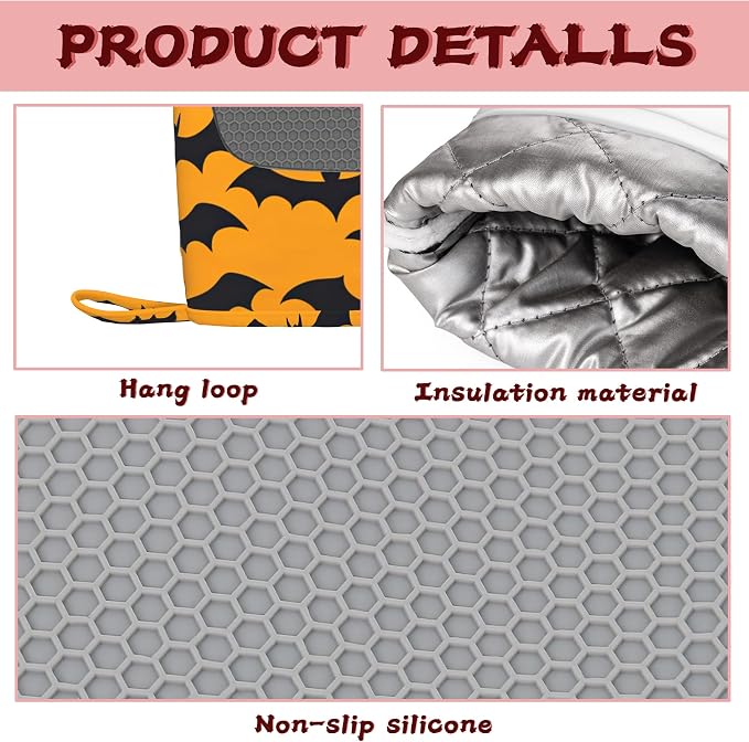 Halloween Bat Heat-Resistant Silicone Oven Mitts and Pot Holders 4 Piece Set - Image 3