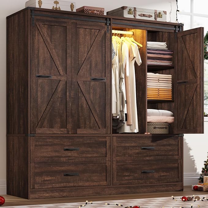 Farmhouse 4 Doors Armoire Wardrobe Closet w/Folding Sliding Barn Door and Lights by jiteentarou