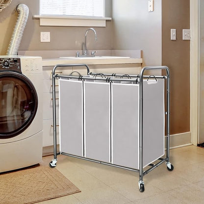 STORAGE MANIAC 3 Section Laundry Sorter Rolling Laundry Hamper Laundry Basket - Image 2