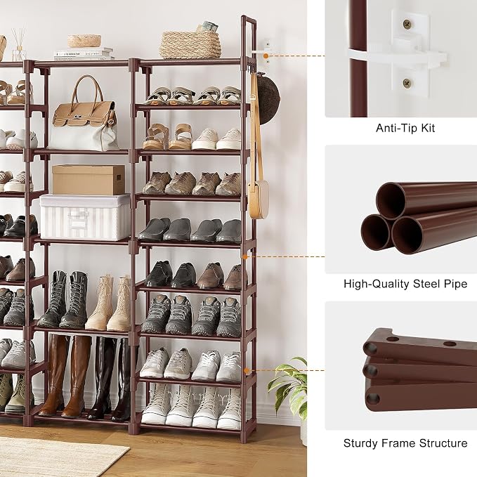 WOWLIVE 9 Tier 3-Column Shoe Rack, 50-55 Pairs Stackable Brown | 50in long - Image 8