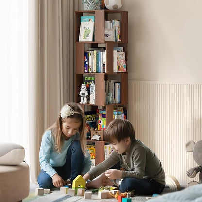5 Tier Solid Wood Rotating Bookshelf Tower on Wheels, 360° Upgrade Spinning - Image 9