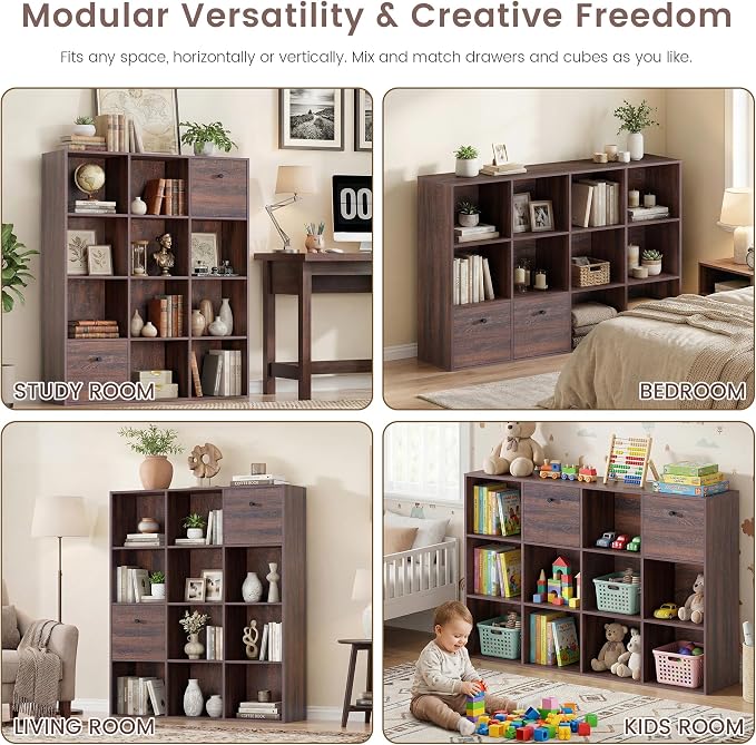 12 Cube Storage Organizer, Walnut Bookcase, Wooden Bookshelf - Image 4