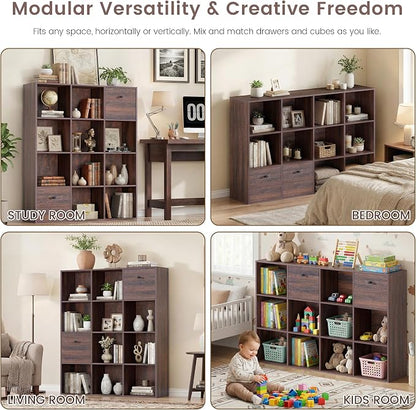 2 Pack 12 Cube Storage Organizer, Walnut Bookcase, Wooden Bookshelf - Image 4