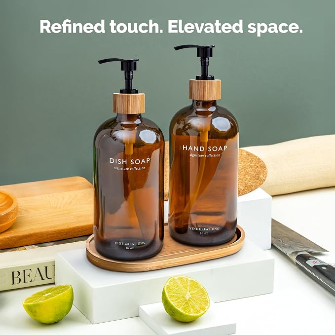Vine Creations Amber Glass Soap Dispenser Set, Hand Soap and Dish Soap - Image 6