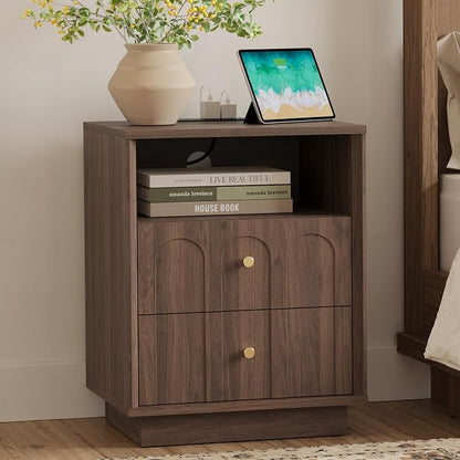 Nightstand with Charging Station, Mid Century Modern Nightstand with Arched by FORTUNETEC