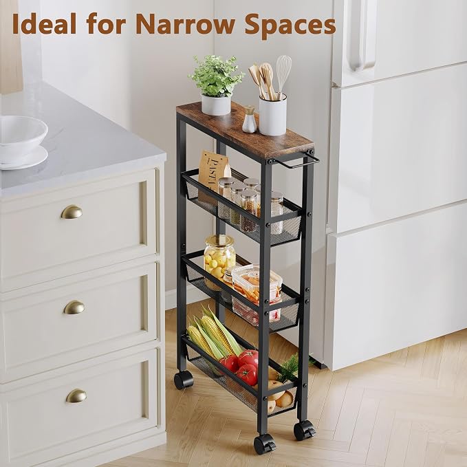 Hoctieon Slim Rolling Storage Cart, 4-Tier Narrow Kitchen Storage Cart - Image 4