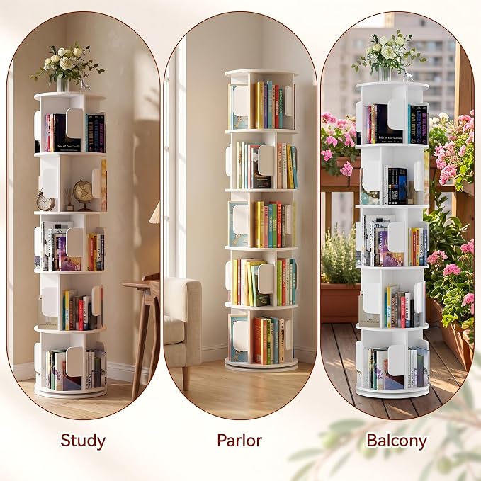 5-Tier 360° Rotating Bookshelf, Round Floor Standing Bookcase - Image 6