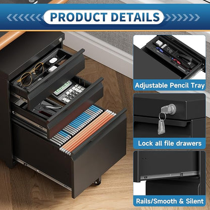 3 Drawer File Cabinet with Lock and Wheels, Rolling File Cabinets with Lock - Image 6